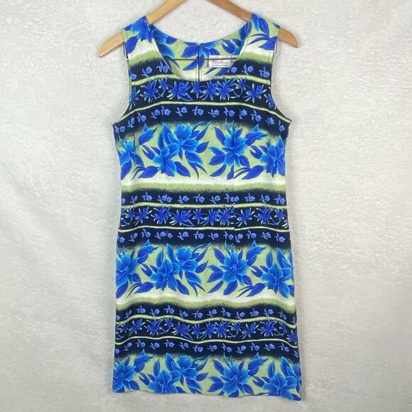 Kathie Lee Collection Sleeveless Hawaiian Sheath Dress Size 8 Blue‎ Green Floral - Picture 1 of 9